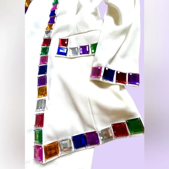 Vtg 80s NiteLine White Dress & Blazer 2 Pc Set Candyland Jewels Colorful Sz 8